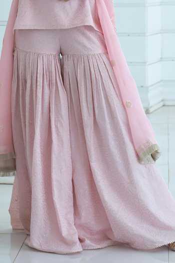 Shop Monk & Mei By Sonia Anand Pink Cotton, Organza, Georgette, Shantoon V-neck Stella Embroidered Kurta Set Online at Aza Fashions Shop_Monk & Mei By Sonia Anand_Pink Cotton, Organza, Georgette, Shantoon V-neck Stella Embroidered Kurta Set _Online_at_Aza_Fashions