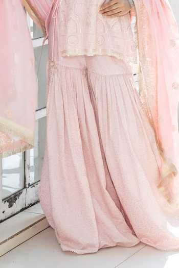 Monk & Mei By Sonia Anand Pink Shantoon Square Neck Maple Chikankari Embroidered Kurta Sharara Set Online at Aza Fashions Monk & Mei By Sonia Anand_Pink Shantoon Square Neck Maple Chikankari Embroidered Kurta Sharara Set _Online_at_Aza_Fashions
