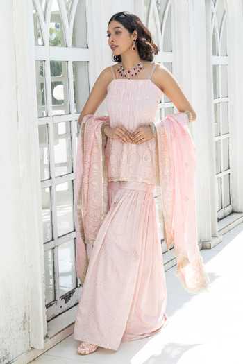 Shop Monk & Mei By Sonia Anand Pink Shantoon Square Neck Maple Chikankari Embroidered Kurta Sharara Set Online at Aza Fashions Shop_Monk & Mei By Sonia Anand_Pink Shantoon Square Neck Maple Chikankari Embroidered Kurta Sharara Set _Online_at_Aza_Fashions
