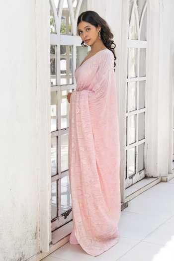 Monk & Mei By Sonia Anand Belle Chikankari Embroidered Saree With Blouse 