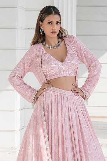 Monk & Mei By Sonia Anand Pink Shantoon Open Neck, Chikankari Embroidered Jacket Lehenga Set Online at Aza Fashions Monk & Mei By Sonia Anand_Pink Shantoon Open Neck, Chikankari Embroidered Jacket Lehenga Set _Online_at_Aza_Fashions