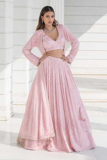 Monk & Mei By Sonia Anand Chikankari Embroidered Jacket Lehenga Set 