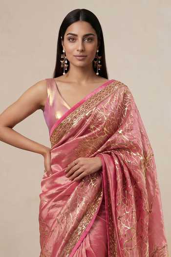 Satya Paul Pink Viscose, Tissue Garden Rose Saree Online at Aza Fashions Satya Paul_Pink Viscose, Tissue Garden Rose Saree _Online_at_Aza_Fashions