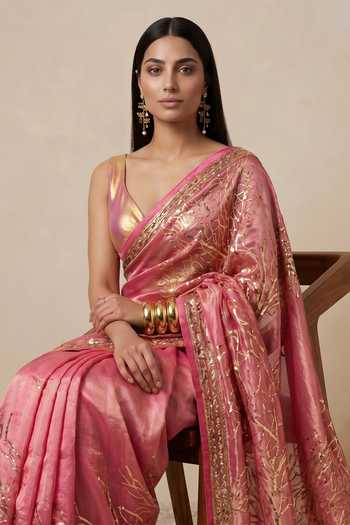 Satya Paul Pink Viscose, Tissue Garden Rose Saree at Aza Fashions Satya Paul_Pink Viscose, Tissue Garden Rose Saree _at_Aza_Fashions