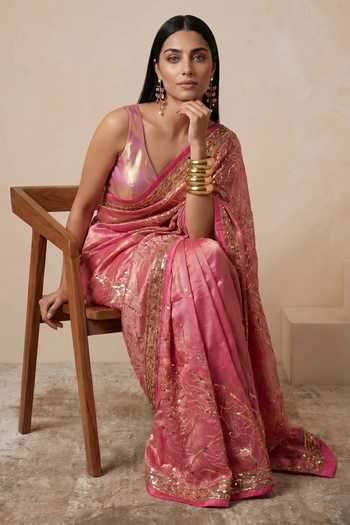 Buy Satya Paul Pink Viscose, Tissue Garden Rose Saree Buy_Satya Paul_Pink Viscose, Tissue Garden Rose Saree