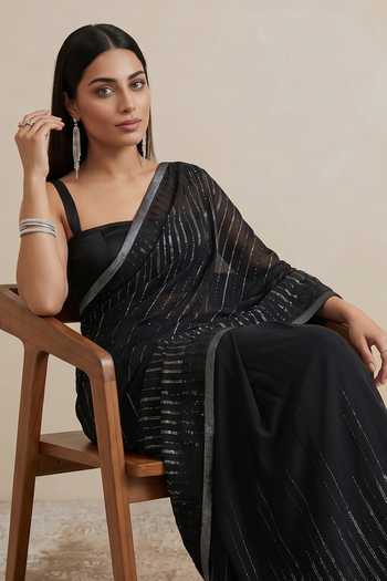 Shop Satya Paul Black Crepe, Viscose Linear Embroidered Saree Online at Aza Fashions Shop_Satya Paul_Black Crepe, Viscose Linear Embroidered Saree _Online_at_Aza_Fashions