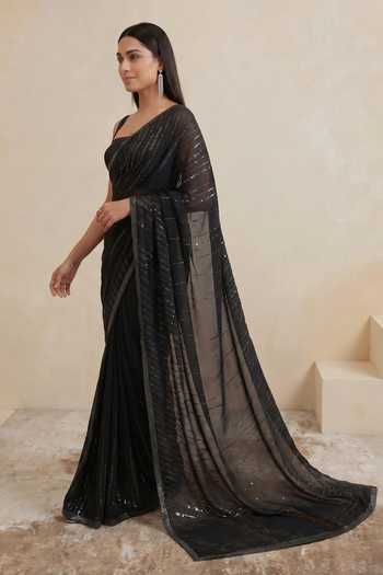 Satya Paul Black Crepe, Viscose Linear Embroidered Saree at Aza Fashions Satya Paul_Black Crepe, Viscose Linear Embroidered Saree _at_Aza_Fashions