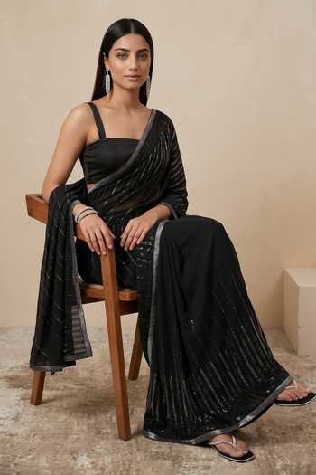 Buy Satya Paul Black Crepe, Viscose Linear Embroidered Saree Buy_Satya Paul_Black Crepe, Viscose Linear Embroidered Saree