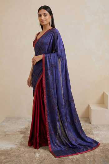 Shop Satya Paul Blue Satin Harmony Colorblock Saree Online at Aza Fashions Shop_Satya Paul_Blue Satin Harmony Colorblock Saree _Online_at_Aza_Fashions