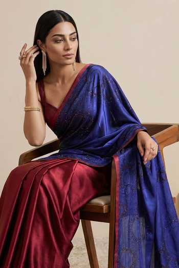 Satya Paul Blue Satin Harmony Colorblock Saree at Aza Fashions Satya Paul_Blue Satin Harmony Colorblock Saree _at_Aza_Fashions
