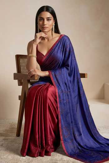 Buy Satya Paul Blue Satin Harmony Colorblock Saree Buy_Satya Paul_Blue Satin Harmony Colorblock Saree
