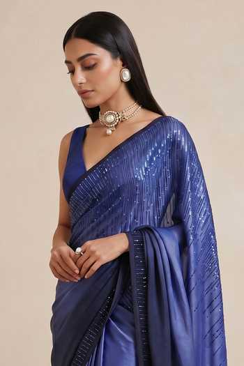 Satya Paul Blue Satin Songbird Linear Sequin Work Saree Online at Aza Fashions Satya Paul_Blue Satin Songbird Linear Sequin Work Saree _Online_at_Aza_Fashions