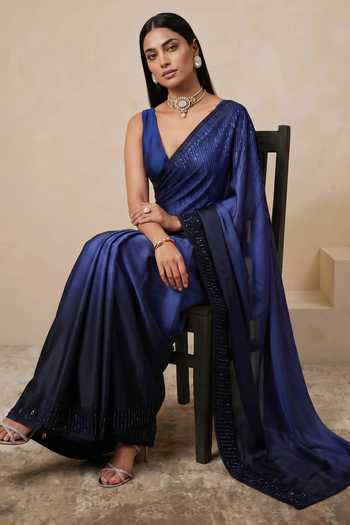 Shop Satya Paul Blue Satin Songbird Linear Sequin Work Saree Online at Aza Fashions Shop_Satya Paul_Blue Satin Songbird Linear Sequin Work Saree _Online_at_Aza_Fashions