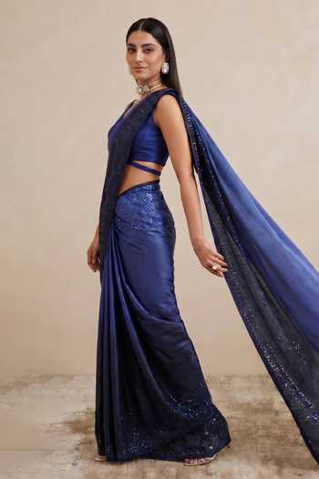 Satya Paul Blue Satin Songbird Linear Sequin Work Saree at Aza Fashions Satya Paul_Blue Satin Songbird Linear Sequin Work Saree _at_Aza_Fashions