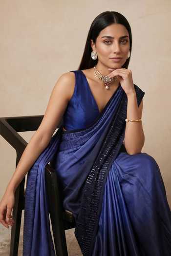 Buy Satya Paul Blue Satin Songbird Linear Sequin Work Saree Buy_Satya Paul_Blue Satin Songbird Linear Sequin Work Saree