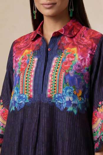 Satya Paul Blue Chanderi Collared Neck Butterfly Wings Kurta Online at Aza Fashions Satya Paul_Blue Chanderi Collared Neck Butterfly Wings Kurta _Online_at_Aza_Fashions
