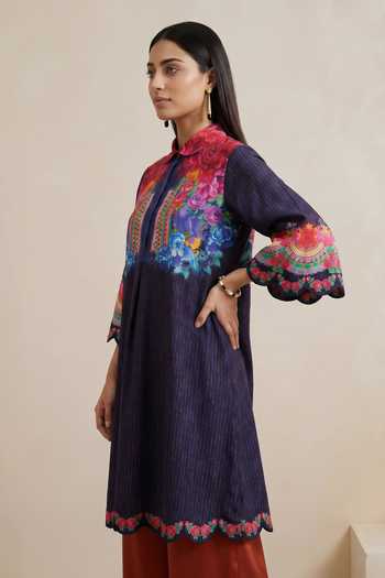 Buy Satya Paul Blue Chanderi Collared Neck Butterfly Wings Kurta Online at Aza Fashions Buy_Satya Paul_Blue Chanderi Collared Neck Butterfly Wings Kurta _Online_at_Aza_Fashions