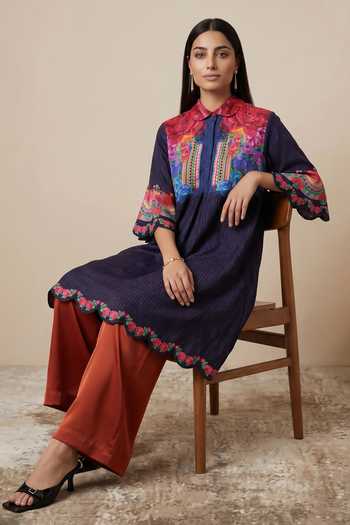 Satya Paul Blue Chanderi Collared Neck Butterfly Wings Kurta at Aza Fashions Satya Paul_Blue Chanderi Collared Neck Butterfly Wings Kurta _at_Aza_Fashions