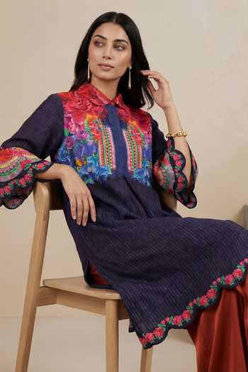 Buy Satya Paul Blue Chanderi Collared Neck Butterfly Wings Kurta Buy_Satya Paul_Blue Chanderi Collared Neck Butterfly Wings Kurta