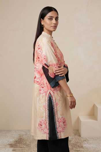 Satya Paul Pink Chanderi Mandarin Collar Rosy Altar Printed Kurta Online at Aza Fashions Satya Paul_Pink Chanderi Mandarin Collar Rosy Altar Printed Kurta _Online_at_Aza_Fashions