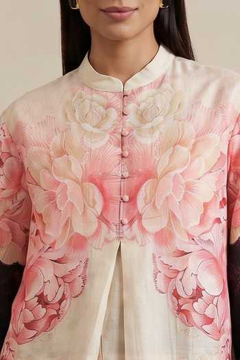Buy Satya Paul Pink Chanderi Mandarin Collar Rosy Altar Printed Kurta Online at Aza Fashions Buy_Satya Paul_Pink Chanderi Mandarin Collar Rosy Altar Printed Kurta _Online_at_Aza_Fashions