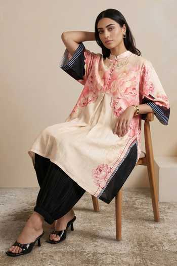 Buy Satya Paul Pink Chanderi Mandarin Collar Rosy Altar Printed Kurta Buy_Satya Paul_Pink Chanderi Mandarin Collar Rosy Altar Printed Kurta