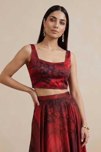 Satya Paul Red Crepe, Viscose Square Neck Jubilee Printed Corset Top Online at Aza Fashions Satya Paul_Red Crepe, Viscose Square Neck Jubilee Printed Corset Top _Online_at_Aza_Fashions