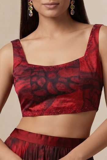 Satya Paul Red Crepe, Viscose Square Neck Jubilee Printed Corset Top at Aza Fashions Satya Paul_Red Crepe, Viscose Square Neck Jubilee Printed Corset Top _at_Aza_Fashions