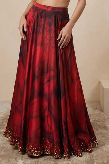 Satya Paul Red Satin, Modal Jubilee Border Embellished Skirt at Aza Fashions Satya Paul_Red Satin, Modal Jubilee Border Embellished Skirt _at_Aza_Fashions