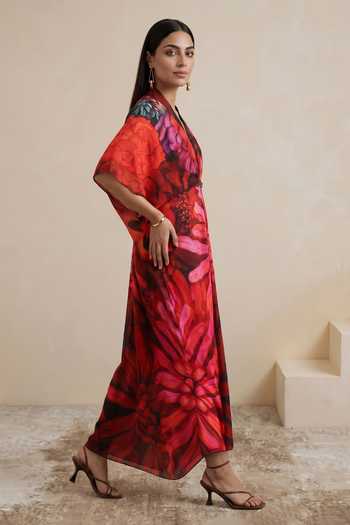 Satya Paul Maroon Satin Shawl Neck Spring Song Printed Kaftan Online at Aza Fashions Satya Paul_Maroon Satin Shawl Neck Spring Song Printed Kaftan _Online_at_Aza_Fashions