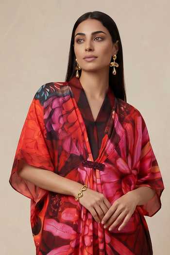 Buy Satya Paul Maroon Satin Shawl Neck Spring Song Printed Kaftan Online at Aza Fashions Buy_Satya Paul_Maroon Satin Shawl Neck Spring Song Printed Kaftan _Online_at_Aza_Fashions