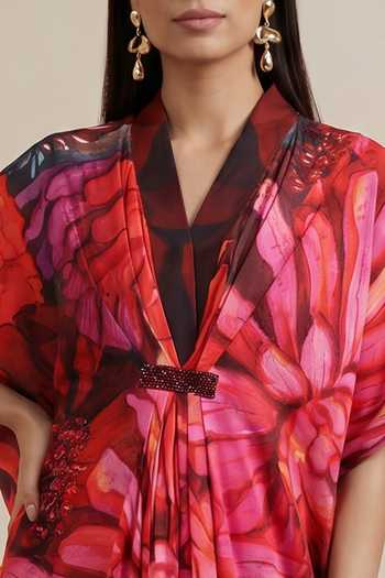 Shop Satya Paul Maroon Satin Shawl Neck Spring Song Printed Kaftan Online at Aza Fashions Shop_Satya Paul_Maroon Satin Shawl Neck Spring Song Printed Kaftan _Online_at_Aza_Fashions