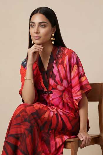 Satya Paul Maroon Satin Shawl Neck Spring Song Printed Kaftan at Aza Fashions Satya Paul_Maroon Satin Shawl Neck Spring Song Printed Kaftan _at_Aza_Fashions