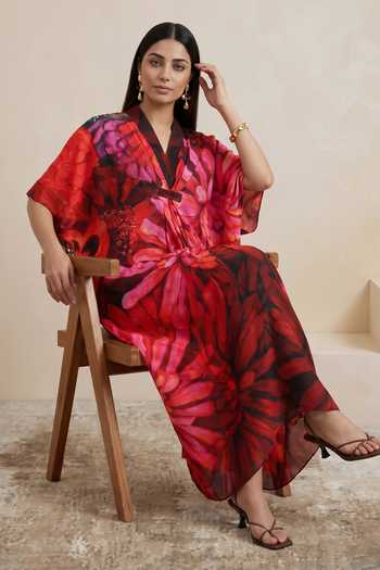 Buy Satya Paul Maroon Satin Shawl Neck Spring Song Printed Kaftan Buy_Satya Paul_Maroon Satin Shawl Neck Spring Song Printed Kaftan