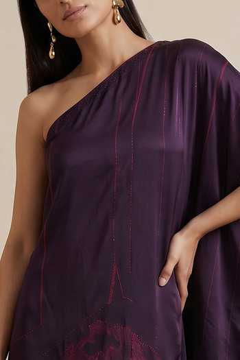 Satya Paul Maroon Satin, Polyester One Shoulder Black Dahlia Motif Kaftan Online at Aza Fashions Satya Paul_Maroon Satin, Polyester One Shoulder Black Dahlia Motif Kaftan _Online_at_Aza_Fashions