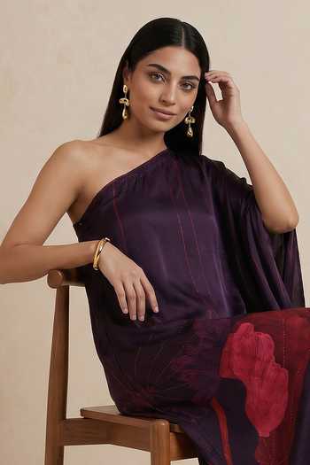 Buy Satya Paul Maroon Satin, Polyester One Shoulder Black Dahlia Motif Kaftan Online at Aza Fashions Buy_Satya Paul_Maroon Satin, Polyester One Shoulder Black Dahlia Motif Kaftan _Online_at_Aza_Fashions