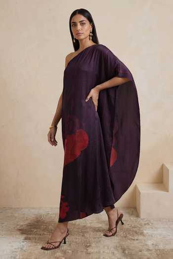 Shop Satya Paul Maroon Satin, Polyester One Shoulder Black Dahlia Motif Kaftan Online at Aza Fashions Shop_Satya Paul_Maroon Satin, Polyester One Shoulder Black Dahlia Motif Kaftan _Online_at_Aza_Fashions