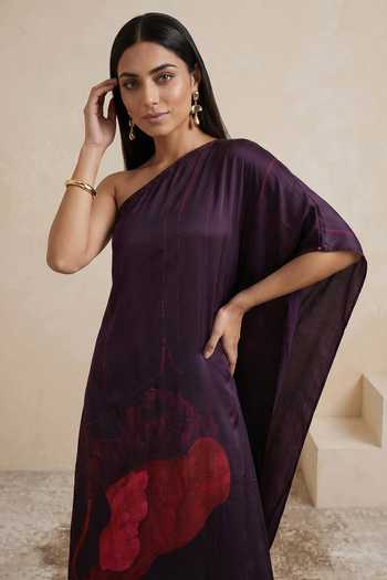 Satya Paul Maroon Satin, Polyester One Shoulder Black Dahlia Motif Kaftan at Aza Fashions Satya Paul_Maroon Satin, Polyester One Shoulder Black Dahlia Motif Kaftan _at_Aza_Fashions
