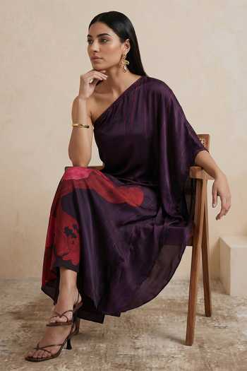 Buy Satya Paul Maroon Satin, Polyester One Shoulder Black Dahlia Motif Kaftan Buy_Satya Paul_Maroon Satin, Polyester One Shoulder Black Dahlia Motif Kaftan
