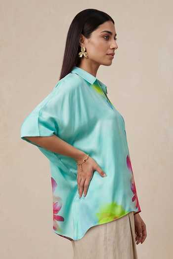 Satya Paul_Blue Satin Collared Neck, Split Slice Of Life Printed Kaftan _Online_at_Aza_Fashions
