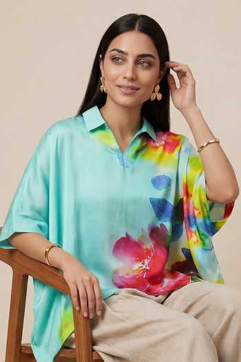 Buy_Satya Paul_Blue Satin Collared Neck, Split Slice Of Life Printed Kaftan _Online_at_Aza_Fashions