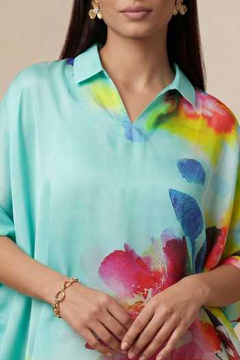 Shop_Satya Paul_Blue Satin Collared Neck, Split Slice Of Life Printed Kaftan _Online_at_Aza_Fashions