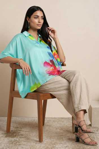Satya Paul_Blue Satin Collared Neck, Split Slice Of Life Printed Kaftan _at_Aza_Fashions