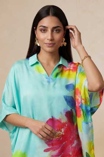 Buy_Satya Paul_Blue Satin Collared Neck, Split Slice Of Life Printed Kaftan 