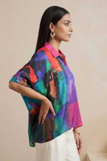 Satya Paul Blue Satin Collared Neck Building Blocks Kaftan Online at Aza Fashions Satya Paul_Blue Satin Collared Neck Building Blocks Kaftan _Online_at_Aza_Fashions