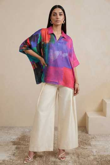 Buy Satya Paul Blue Satin Collared Neck Building Blocks Kaftan Online at Aza Fashions Buy_Satya Paul_Blue Satin Collared Neck Building Blocks Kaftan _Online_at_Aza_Fashions