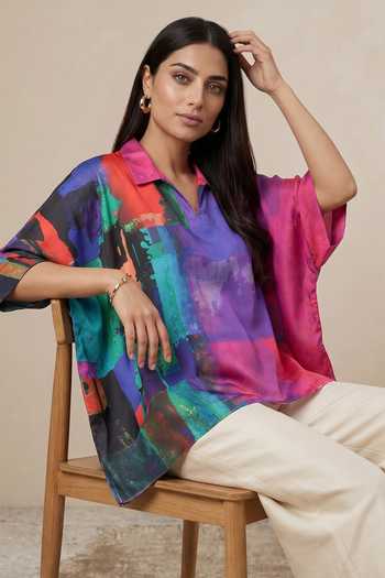 Shop Satya Paul Blue Satin Collared Neck Building Blocks Kaftan Online at Aza Fashions Shop_Satya Paul_Blue Satin Collared Neck Building Blocks Kaftan _Online_at_Aza_Fashions