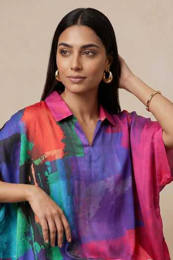 Satya Paul Blue Satin Collared Neck Building Blocks Kaftan at Aza Fashions Satya Paul_Blue Satin Collared Neck Building Blocks Kaftan _at_Aza_Fashions
