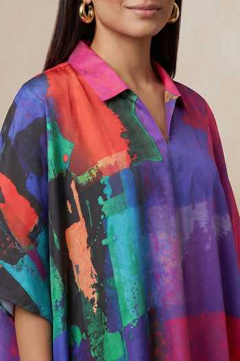 Buy Satya Paul Blue Satin Collared Neck Building Blocks Kaftan Buy_Satya Paul_Blue Satin Collared Neck Building Blocks Kaftan