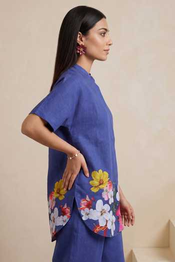 Satya Paul Blue Linen Mandarin Collar Sundown Bloom Print Tunic Online at Aza Fashions Satya Paul_Blue Linen Mandarin Collar Sundown Bloom Print Tunic _Online_at_Aza_Fashions